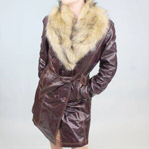 *Rare*VINTAGE Maxima Wilsons Leather Burgundy Trench Coat with Fur Collar